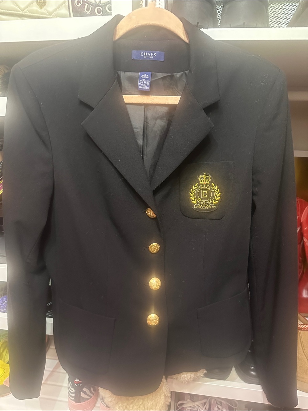 Chaps Black Blazer with Gold Crest and Buttons